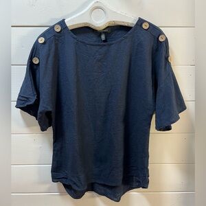 ELLEN TRACY – Navy Linen-Blend Button Shoulder Top (Size S)